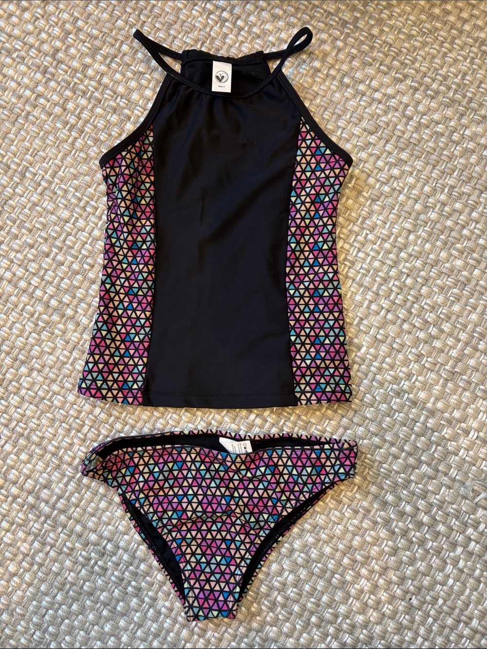 Limeapple Black Tankini with Pink, Purple, Teal & Yellow Triangle Print